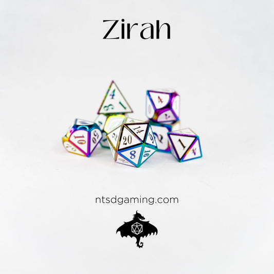 Zirah / White with Rainbow Gold Edge Metal Dice Set