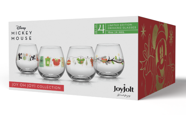 JoyJolt Disney Mickey Mouse Joy O Joy 15 oz. Stemless Wine Glass (Set of 4)
